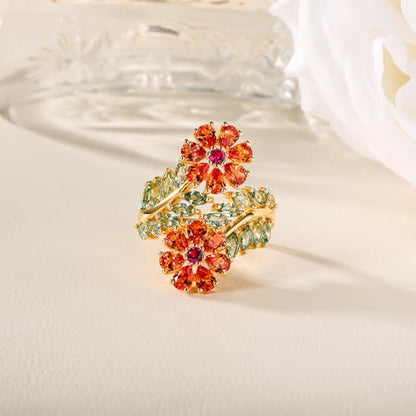 Statement Flower Ring Cocktail Leaf Ring Birthstone Anniversary Signet Ring | Hypoallergenic|14K Gold Plated|Sterling Silver Sparkling Engagement Promise Party Ring for Women, Size 6 to 10(With Box) - color: Flower - Garnet