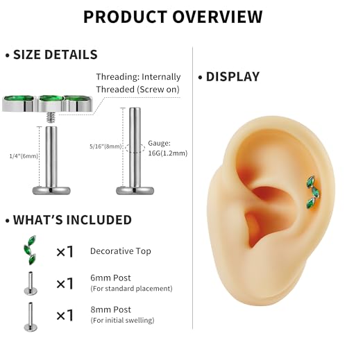 FINE4U 16G CZ Cluster Climber Cartilage Earring for Helix, Tragus - ASTM F136 Titanium Triple Marquise Labret Stud, Screw on Nickel Free Flat Back Jewelry - color: Triple Marquise - Green CZ - Tit