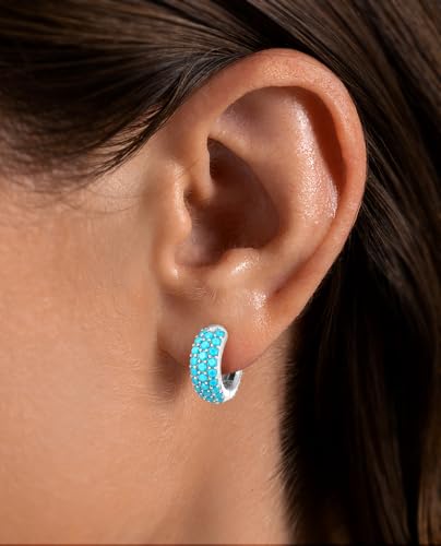 Gokeey Cubic Zirconia Hoop Earrings for Women, Sterling Silver Plated Small Huggie Hoops CZ Pave Chunky Thick Earrings Non Tarnish Hypoallergenic Lightweight Jewelry April Birthstone Gifts - color: Turquoise-Silver