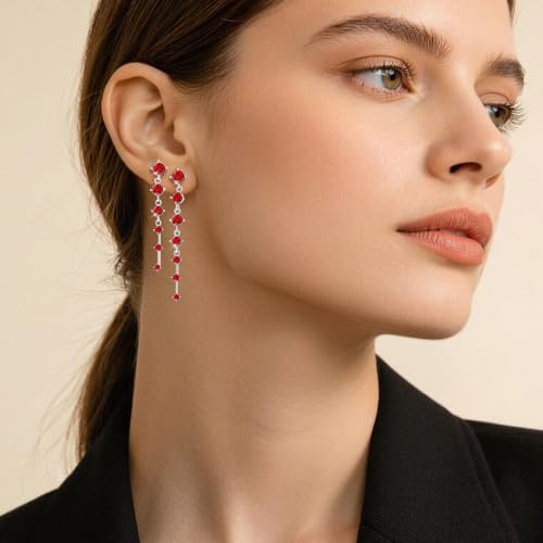 2 Pairs Long Diamond Dangle Tassel Earrings for Women | 14K Gold Silver Plated, Dainty Diamond Crystal Drop Earring, Small Cz Statement Dangly, for Wedding Bridesmaid, Jewelry Gifts - color: 2 Pairs Silver-Red