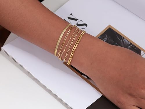 NECOCY Gold Bracelets Sets for Women Waterproof | Non Tarnish Gold Plated Cuban Paperclip Link Chain Stackable，Trendy Jewelry Accessories Gifts for Women - style: 6Pcs BRACELET SET-07
