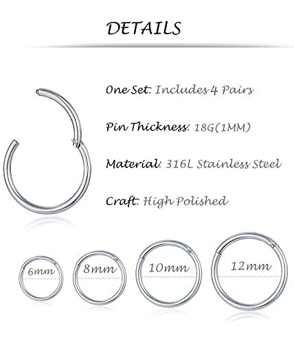 6-8Pcs 20G-18G-16G-14G Stainles Steel Clicker Ring Seamless Lip Nose Daith Cartilage Helix Tragus Hoop Ring - style: D:4 Pairs,18G（1mm） Pin Thickness