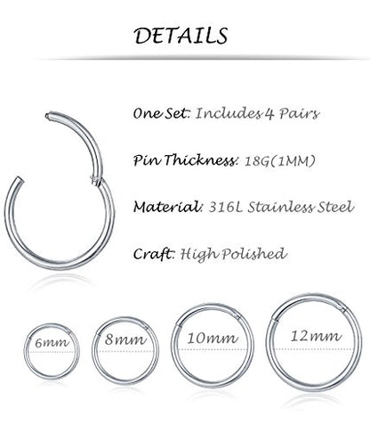 6-8Pcs 20G-18G-16G-14G Stainles Steel Clicker Ring Seamless Lip Nose Daith Cartilage Helix Tragus Hoop Ring - style: D:4 Pairs,18G（1mm） Pin Thickness