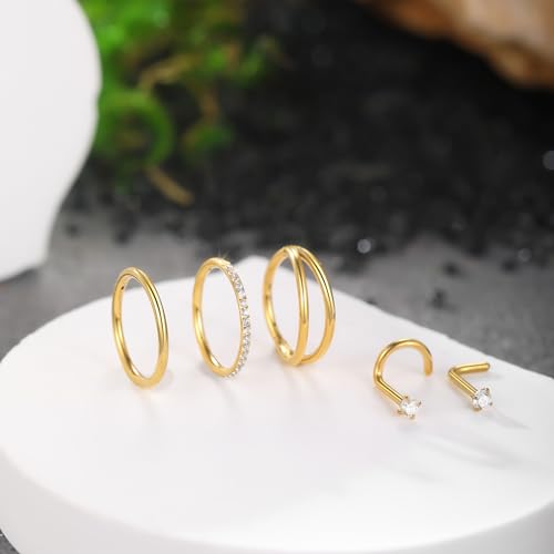 Xpircn 5pcs Hoop Nose Rings and L Shaped Nose Rings Stud Set 18G/20G Stainless Steel CZ Helix Conch Daith Tragus Cartilage Hoop Earrings for Women 6mm 7mm 8mm 10mm - color: Gold, size: 18G, 10mm hoop & 7mm studs