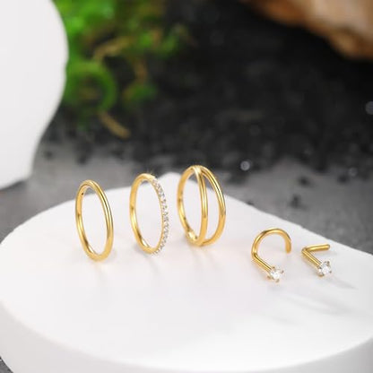 Xpircn 5pcs Hoop Nose Rings and L Shaped Nose Rings Stud Set 18G/20G Stainless Steel CZ Helix Conch Daith Tragus Cartilage Hoop Earrings for Women 6mm 7mm 8mm 10mm - color: Gold, size: 18G, 10mm hoop & 7mm studs