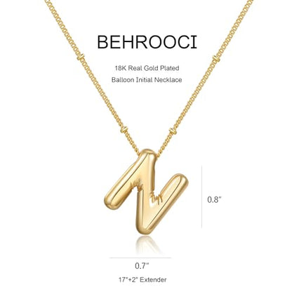 Gold Bubble Initial Necklace for Women Balloon Letter Necklace 18K Gold Plated Dainty Alphabet Pendant Puffy Name Personal Necklace - color: N