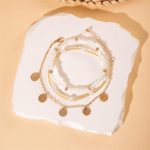 Shell Ankle Bracelet Set for Women,Boho Adjustable Beads Anklet Pack Natural White Shells Stack Stretch Seashell Pearl Starfish Bracelet Set Hawaiian Beach Vacation Foot Jewelry - style: B-Beads Disc 3Pcs