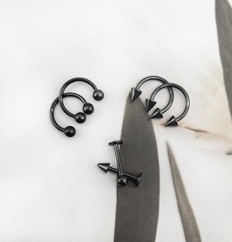 40Pcs 16G Lip Rings Stainless Steel Horseshoe Labret Monroe Lip Barbell Eyebrow Nose Ring Medusa Piercing Jewelry for Women Men - color: black