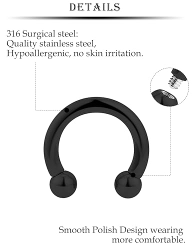 12G Septum Rings Ear Gauges Earrings Hoops Eyebrow Piercings lip Rings Hoop 316L Surgical Steel Cartilage Helix Tragus Rook Daith Earrings Piercing Jewelry for Women Men 10mm 12mm 14mm 16mm - style: 12G，10mm-16mm，Black Tone