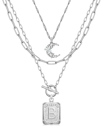 MJartoria Layered Initial Necklaces for Women Trendy, 14K Gold Plated Brass Simple Moon Choker Square Letter Pendant Necklace, Paperclip Chain Necklaces Jewelry Gifts - color: Silver, style: B