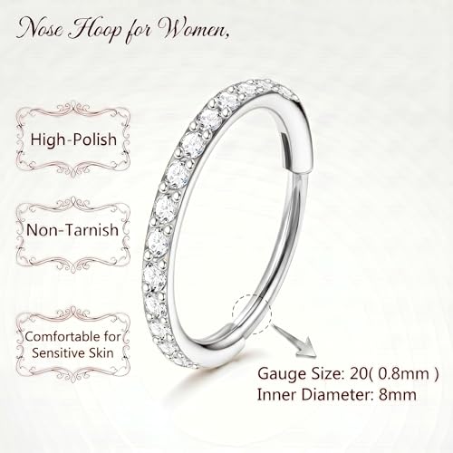 Staligue Nose Hoop ring - 316L Surgical Steel Nose Ring 16/18/20G Hinged Diamond Nose Ring Hoop Septum Clicker Rings Cartilage Earring Helix Rook Tragus Daith Piercing Jewelry for Women 6MM/8MM/10MM/12MM - color: Silver, size: 20G-8MM