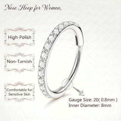 Staligue Nose Hoop ring - 316L Surgical Steel Nose Ring 16/18/20G Hinged Diamond Nose Ring Hoop Septum Clicker Rings Cartilage Earring Helix Rook Tragus Daith Piercing Jewelry for Women 6MM/8MM/10MM/12MM - color: Silver, size: 20G-8MM