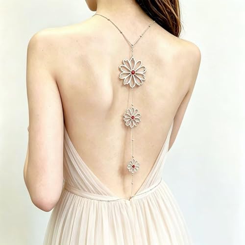 Back Body Chain for Women Boho Pearl Cross Flower Back Drop Necklace Adjustable Y-Shaped Lariat Back Jewelry - color: Silver