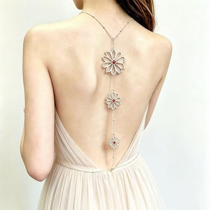 Back Body Chain for Women Boho Pearl Cross Flower Back Drop Necklace Adjustable Y-Shaped Lariat Back Jewelry - color: Silver
