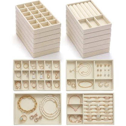 16 Pack Velvet Jewelry Trays for Drawers, Stackable Jewelry Organizer Trays with Dividers, 8.3 x 5 in Drawer Inserts for Rings Necklaces Earrings Bracelets, Beige