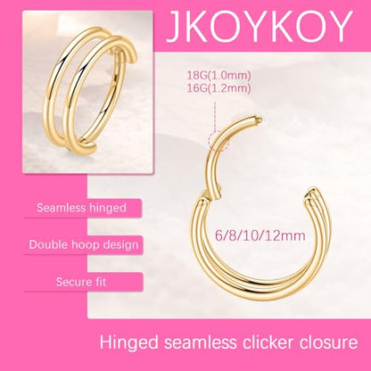 Cartilage Earring Hoop 316L Surgical Steel Conch Piercing Jewelry 16/18G Double Rows Nose Rings Hoops Hinged Segment Clicker Helix Rook Daith Piercing Jewelry 6/8/10/12mm - color: D1-Gold, size: 16G-12mm