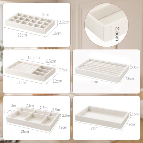 10 Pack Jewelry Organizer Tray Drawer Inserts Stackable Velvet Liner Dividers Customizable Jewellery Box Foam Ring Earring Holder Necklace Bracelet Storage Display Dish Flat in Dresser Vanity - color: Beige