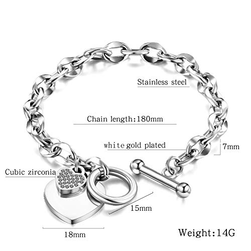 kelistom 316L Stainless Steel Love Heart Charm Bracelet for Women Romantic Gift Silver/Rose/18k Gold Plated OT Clasp Bracelets - color: silver-1