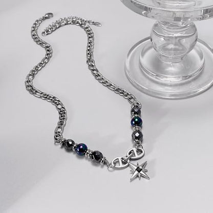 Gothic Cross Star Necklace For Men Women Silver Stainless Steel Cuban Link Paperclip Figaro Bead Chain Punk Kpop Y2k Goth Irregular Layered Cross Pendant Necklace Non Tarnish Jewelry Gift - color: Silver E