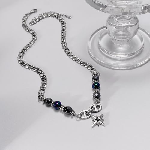 Gothic Cross Star Necklace For Men Women Silver Stainless Steel Cuban Link Paperclip Figaro Bead Chain Punk Kpop Y2k Goth Irregular Layered Cross Pendant Necklace Non Tarnish Jewelry Gift - color: Silver E