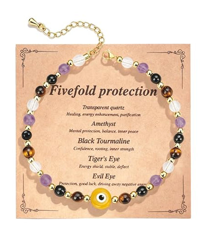 ROYONE Evil Eye Bracelets - 5 Healing Crystals Gift Set，Adjustable Natural Stone Jewelry for Anxiety Relief & Good Luck - color: yellow