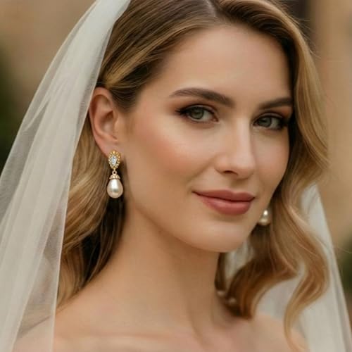 Mariell Pearl Bridal Wedding Drop Earrings with CZ Crystals for Brides, Bridesmaids, Birthday Gift - color: Gold Clip On - Clear Cubic Zirconia