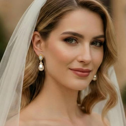 Mariell Pearl Bridal Wedding Drop Earrings with CZ Crystals for Brides, Bridesmaids, Birthday Gift - color: Gold Clip On - Clear Cubic Zirconia