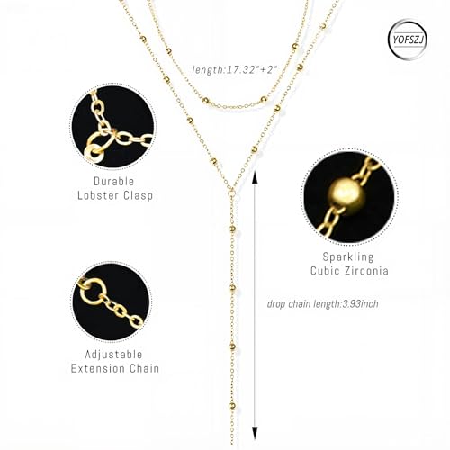 14K Gold Plated Y Necklace for Women – Dainty Lariat Long Pendant Chain, Layered Drop Necklace for V Neck Dress, Simple Sexy Cleavage Jewelry Gifts for Women - color: Gold - Double Layer - Bead