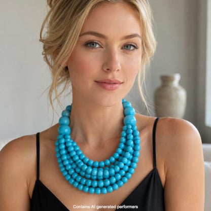 Handmade Layered Wood Bead Necklace for Women - Chunky African Statement Necklace, Natural Khaki Beaded Jewelry, Hypoallergenic & Skin-Safe for Sensitive Skin, Boho Rainbow Inspired Chunky Collar Necklace - color: Blue