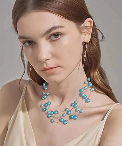 FULU AUTUMN Layered Pearl Necklace Multi-strand Pearl Choker Necklaces for Women Beaded jewelry for Wedding Parties - color: Turquoise