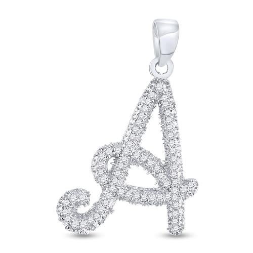 Solid 10K White Gold Real Natural Diamond Womens Cursive A-Z Initial Letter Pendant Charm for Necklaces 1/6 Carat (.15 Cttw) - style: A - 10K White Gold