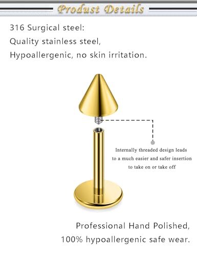 Internally Threaded Labret Studs 18G 16G 14G Surgical Steel Lip Piercing Jewelry with Claw Tool Monroe Snake Bite Jewelry Flat Back Barbell for Women Men Plus Piercing Ball Grabber Tool - color: goldtone, size: 16g,spike end