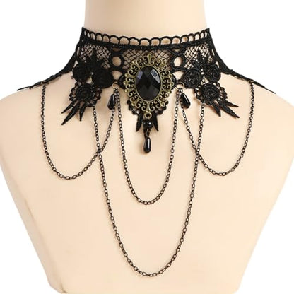 Black Lace Choker Necklace and Short Fingerless Gloves Women Gothic Vampire Witch Costume Accessories