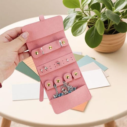 Travel Jewellery Organizer, Foldable Roll-Up Jewelry Travel Pouch, Portable Small Jewelry Travel Case for Necklaces Rings Earrings (Pink) - color: Pink