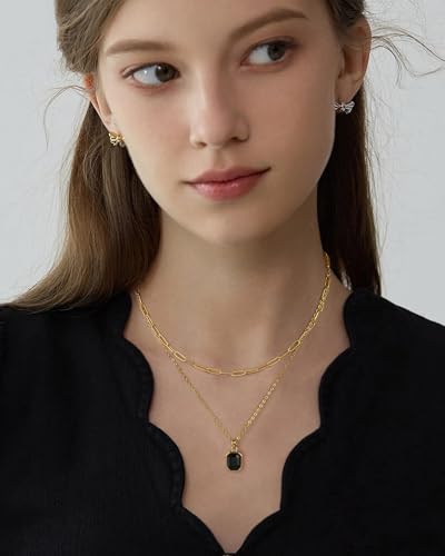 Gold Layered Necklaces for Women, 18k Gold Plated Crystal Necklace Paperclip Choker Emerald Green Jewelry for Women Gifts - color: Black Necklace