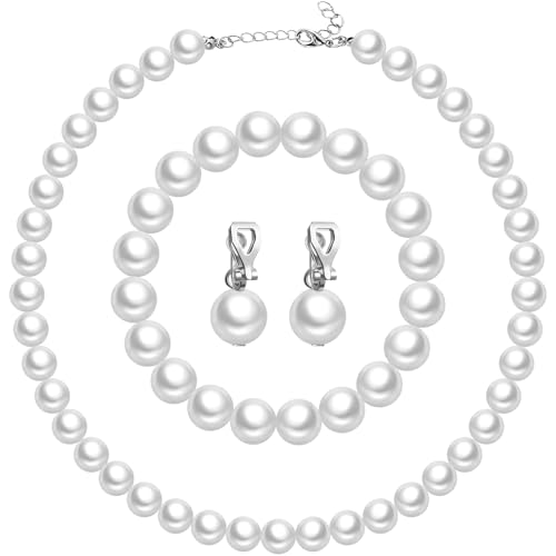 3 Pcs Pearl Jewelry Set Faux Pearl Clip on Earring Necklace Bracelet for Women Bridesmaid Birthday Wedding Gift - color: White, size: 12 mm