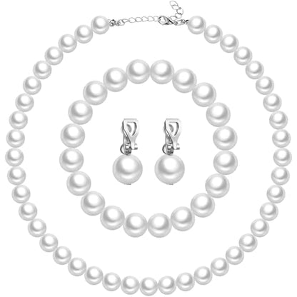 3 Pcs Pearl Jewelry Set Faux Pearl Clip on Earring Necklace Bracelet for Women Bridesmaid Birthday Wedding Gift - color: White, size: 12 mm