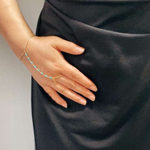 Dainty Gold Hand Chain Bracelet,18K Real Gold Plated Minimalist Handmade Beaded Finger Chain Bracelets for Women - color: Turquoise