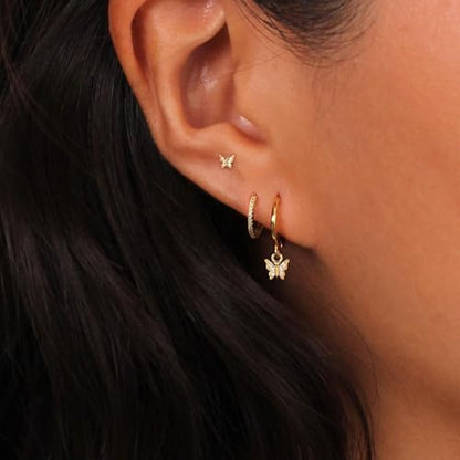 3 Pairs Earring Stacks, Gold Earring Set Jewelry Gift for Women | Small, 14K Gold/White Gold/Black/Rose Gold Plated, Hypoallergenic, Her, Everday, Stackable, Simple, 3 Holes - color: Gold-Butterfly