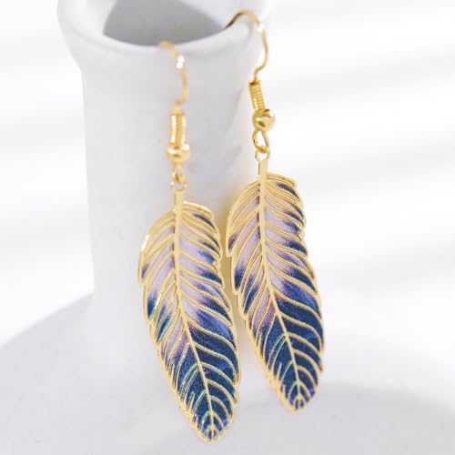 Bohemian Colorful Feather Drop Earrings for Women,Fashion Gradient Leaf Danging Earring Lightweight Hook Shaped Statement Jewelry - color: color C