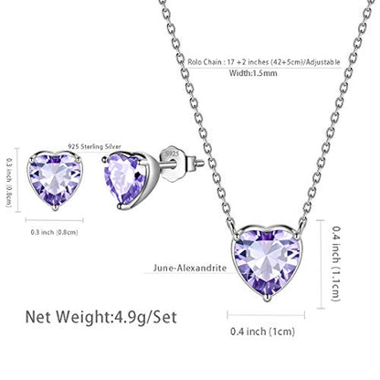 Aurora Tears Hearts Necklace Earrings Jewelry Sets - Women 925 Sterling Silver Birthstone Pendants Earrings Set Crystal Wedding Birthday Jewelry - color: F.June-set
