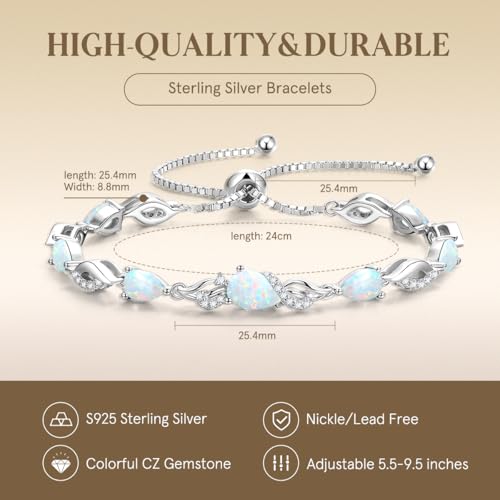 FANCIME Birthstone Teardrop Tennis Bracelet for Women, Sterling Silver 9x7mm main Gemstone Bolo Adjustable Chain Bracelet Fine Jewelry Birthday Gifts for Women Mom Wife Her - color: 10-Opal