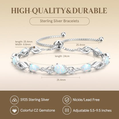 FANCIME Birthstone Teardrop Tennis Bracelet for Women, Sterling Silver 9x7mm main Gemstone Bolo Adjustable Chain Bracelet Fine Jewelry Birthday Gifts for Women Mom Wife Her - color: 10-Opal