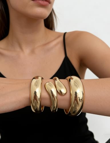 Chunky Gold Bangle Bracelets for Women, Dainty 14k Gold Plated Big Stackable Bangles Set, Trendy Statement Cuff Bracelet Stack Fashion Jewelry Gifts - style: 3 Big chunky bangles