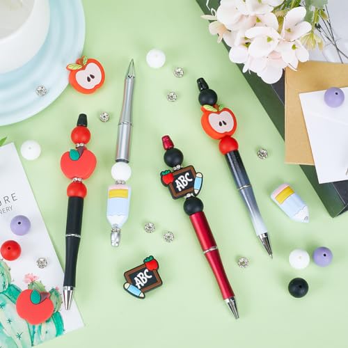 SUNNYCLUE DIY 8 Sets Beadable Pen with Beads School Teacher Silicone Focal Beads Cute Beading Pen Making Kit Beaded Pens Supplies Black Ink Ballpoint Pen Fun Beading Pen Set for Teachers Students - color: 8 Sets, Black & Red