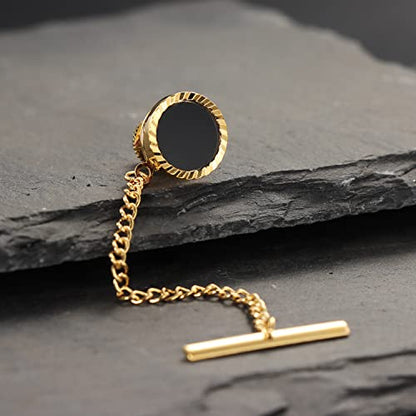 HAWSON Black Stone Tie Tack for Men Tie Pin with Chain for Wedding Birthday Anniversary Party - color: gold tone 1
