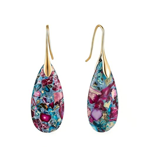 Boho Natural Imperial Jasper Teardrop Dangle Earrings for Women – Hypoallergenic French Hook Stone Drop Earrings Jewelry - color: Red Blue Golden Hook