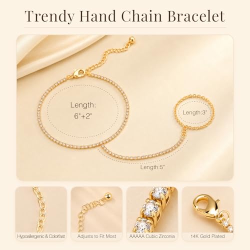 14K Gold Hand Chain Ring Bracelet-SM - style: Full Pave