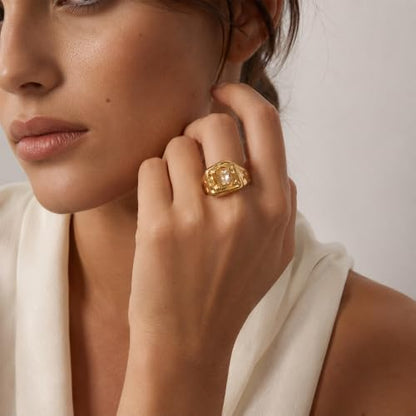 Fashion Square CZ Chunky Statement Ring for Women Size 7 | Stainless Steel, Hammered Textured, Rough, Geometric Crystal, Wide Stacking, Wedding Engagement Eternity Band, Dainty Jewelry - color: Gold