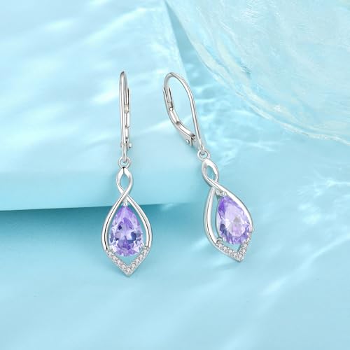 Infinity Teardrop Earrings 925 Sterling Silver Dangle Drop Leverback Earrings Birthstone Jewelry for Women - color: Light Lavender